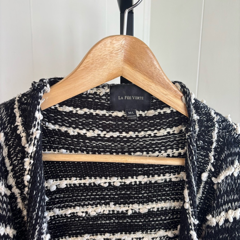 Anthropologie La Fee Verte Black Cream Waterfall Open Front Fringe Cardigan M/L